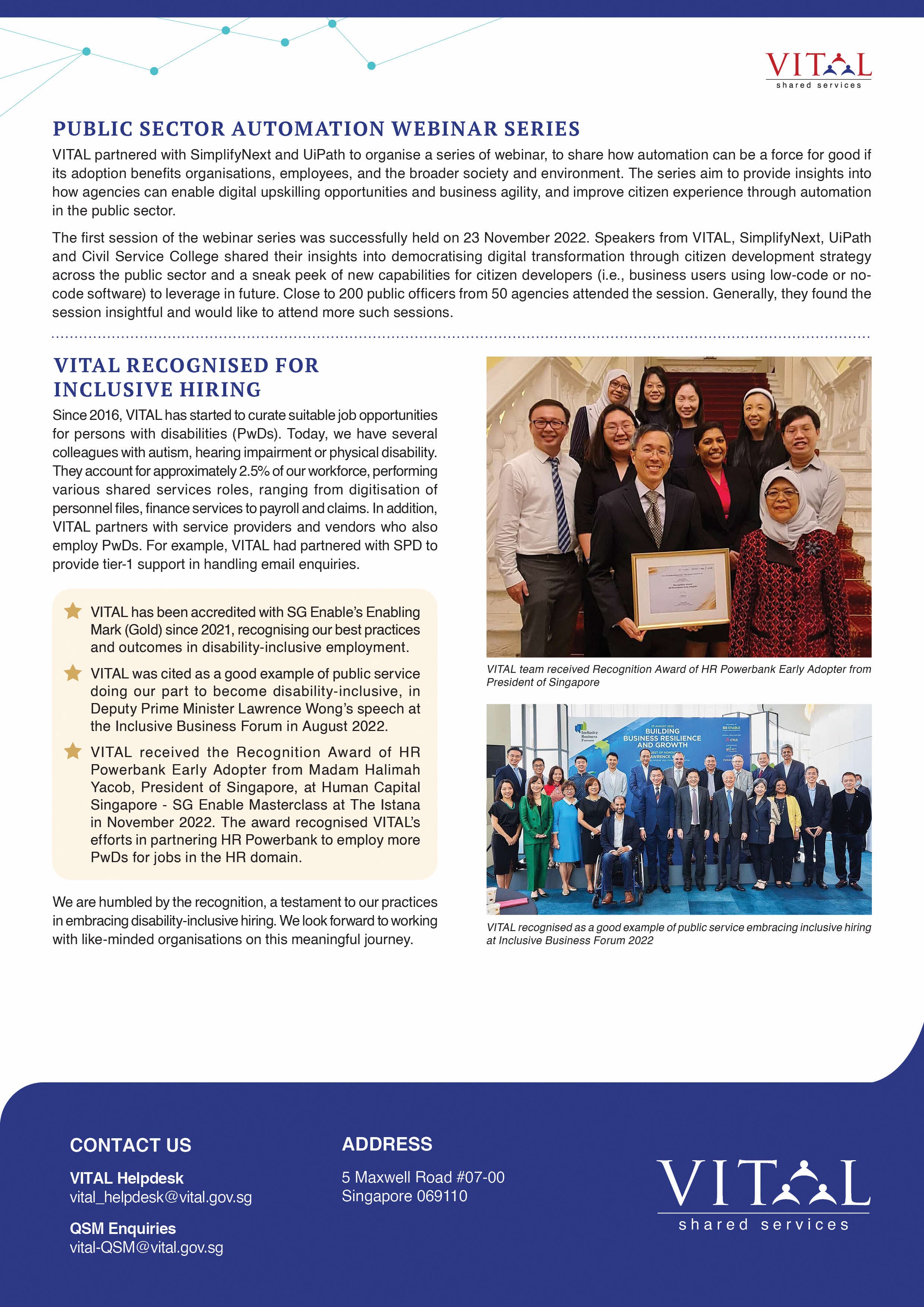 VITAL newsletter about public sector automation webinar and inclusive hiring recognition with two group photos.